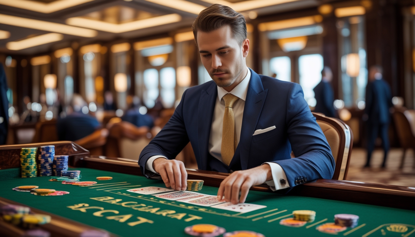 Seorang pemain profesional sedang duduk di meja baccarat di kasino mewah, fokus menganalisis kartu dan chip taruhan.