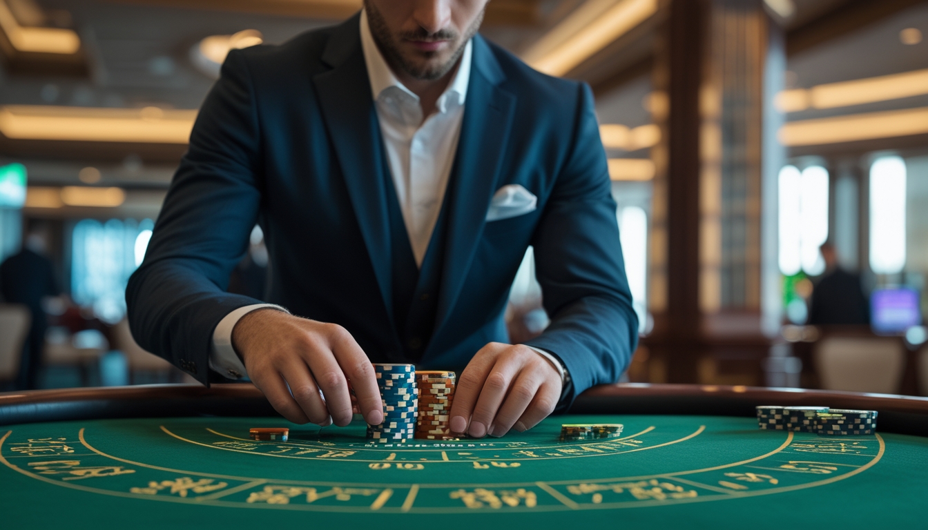 Seorang pemain profesional sedang fokus memasang taruhan di meja baccarat di kasino yang elegan.