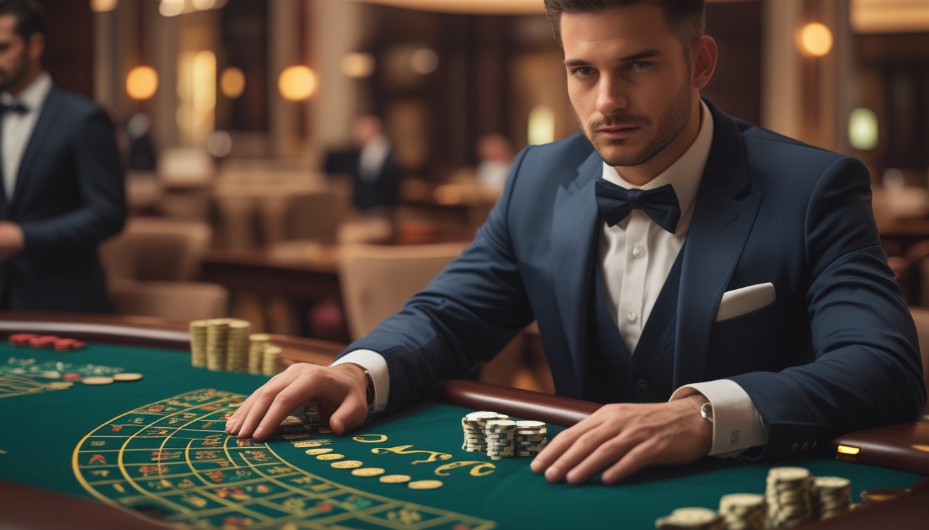 Seorang pemain baccarat profesional duduk di meja kasino mewah dengan kartu dan chip, tampak fokus dan percaya diri saat bermain.