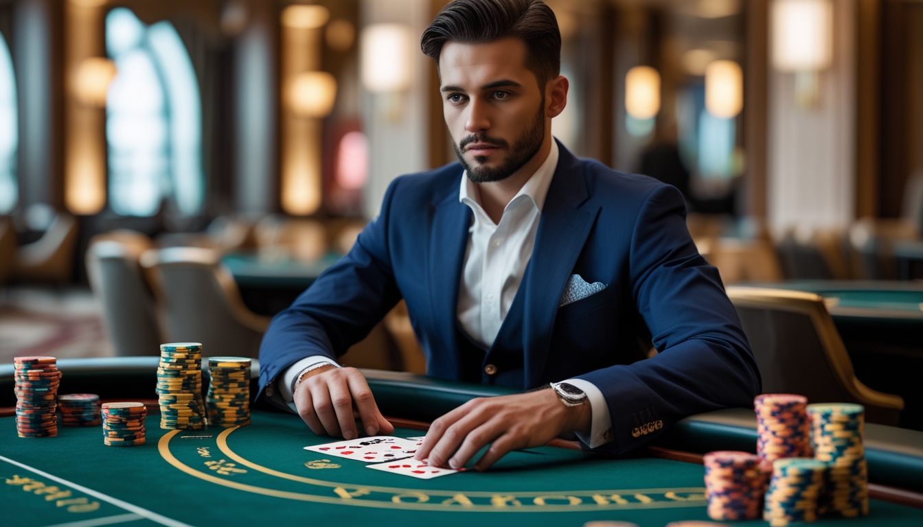 Seorang pemain pria berpakaian rapi sedang duduk di meja baccarat dengan tumpukan chip dan kartu, di dalam suasana kasino yang mewah.