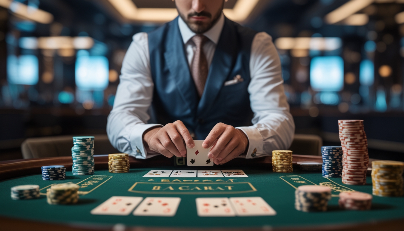 Seorang pemain profesional sedang menganalisis kartu baccarat di meja kasino dengan tumpukan chip di sekitarnya.