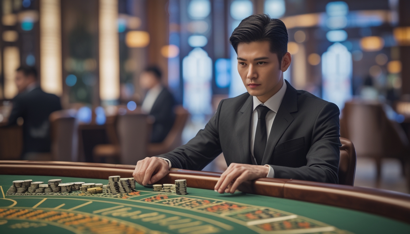 Seorang pemain profesional sedang fokus bermain baccarat di meja kasino mewah dengan tumpukan chip dan kartu yang rapi.
