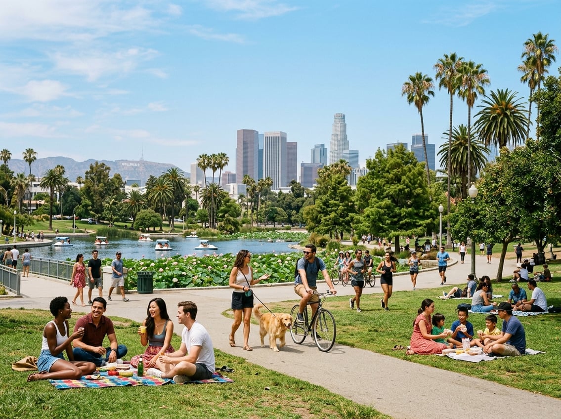 People enjoying a sunny day at a park in Los Angeles with palm trees and city buildings in the background.