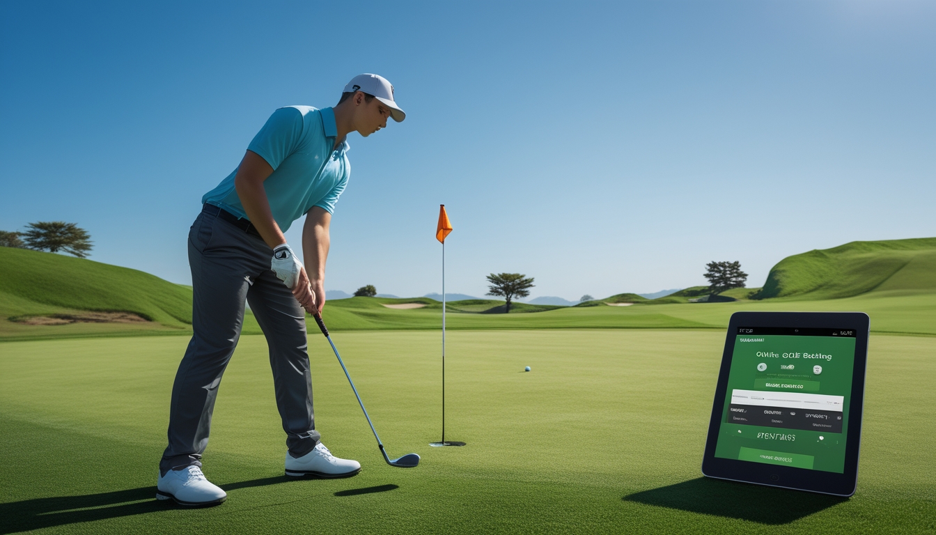 Seorang pemain golf pemula sedang bersiap melakukan pukulan di lapangan golf yang hijau dengan peralatan golf dan perangkat digital di dekatnya.