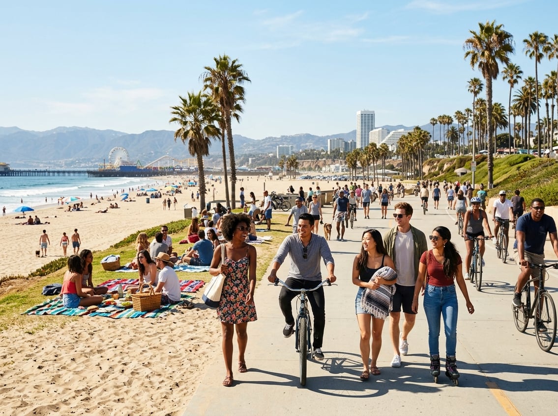 A sunny outdoor scene in Los Angeles with people enjoying a day at the beach or park near palm trees and city landmarks.
