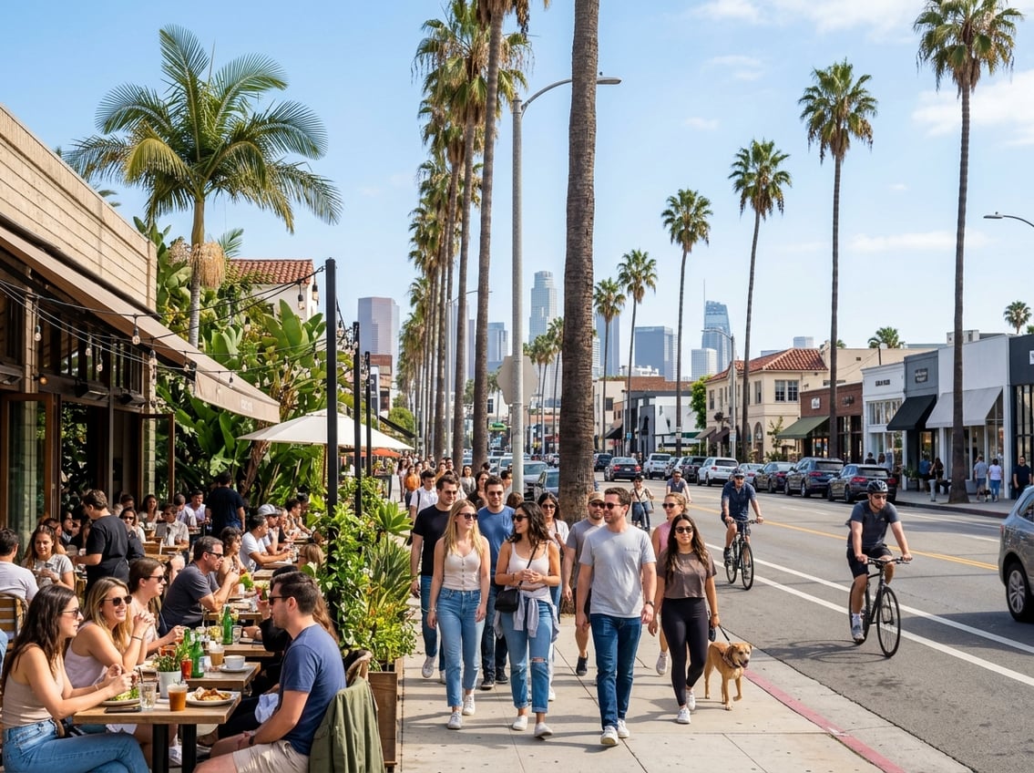 A sunny Los Angeles street with palm trees, outdoor cafes, and people walking and relaxing on a busy weekend.