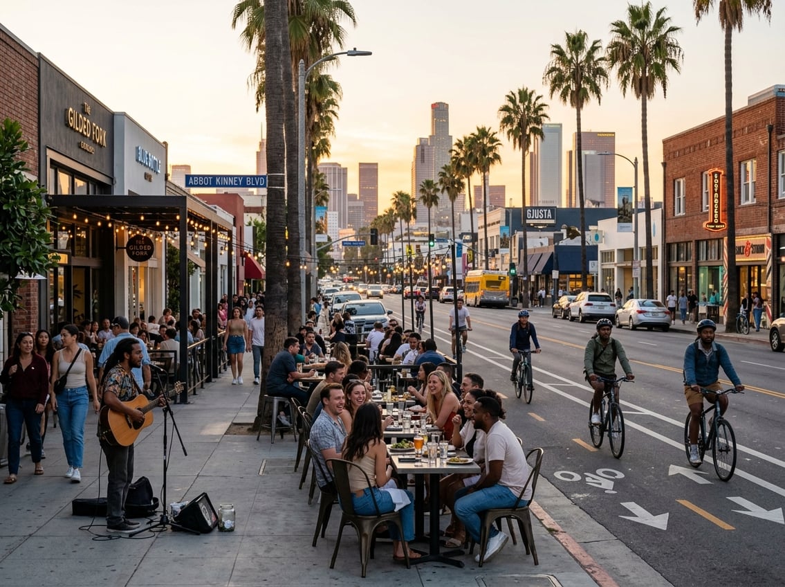 People enjoying a lively evening outdoors on a city street in Los Angeles with palm trees, cafes, and the city skyline in the background.