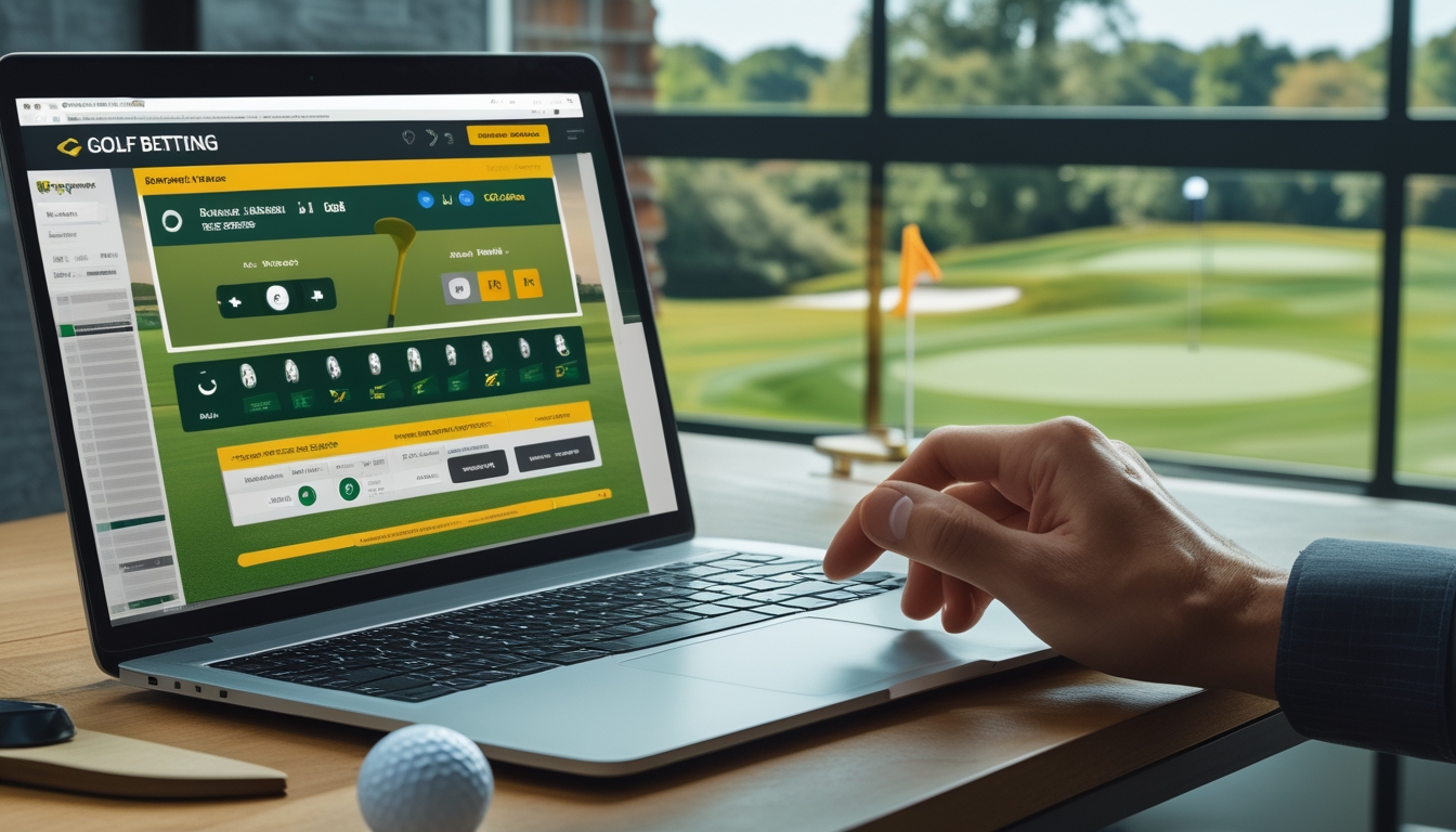 Seorang individu menggunakan laptop di meja dengan bola golf dan tee, latar belakang lapangan golf terlihat melalui jendela.