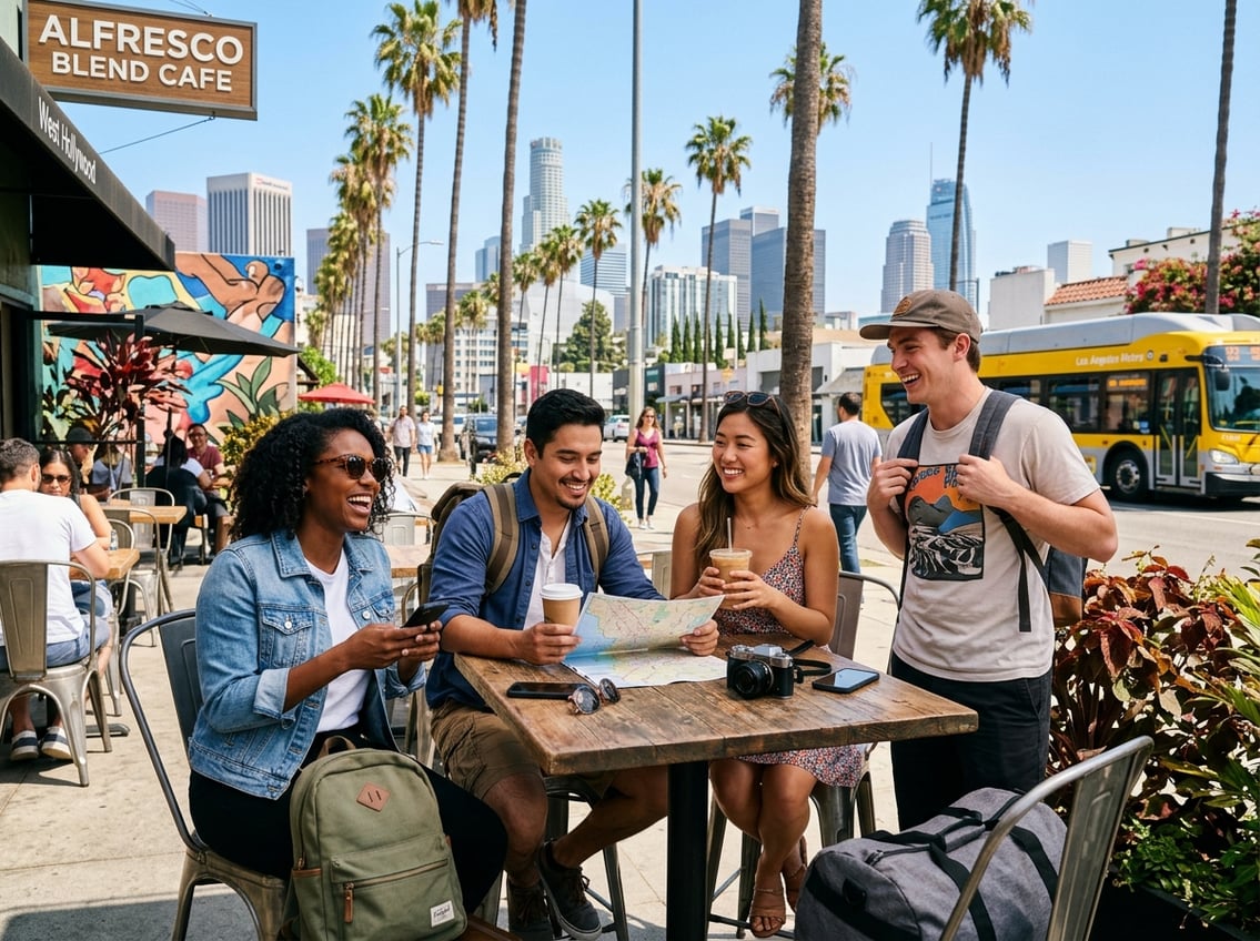 A group of friends enjoying a sunny day outdoors in Los Angeles near palm trees and city buildings, preparing for a weekend trip.