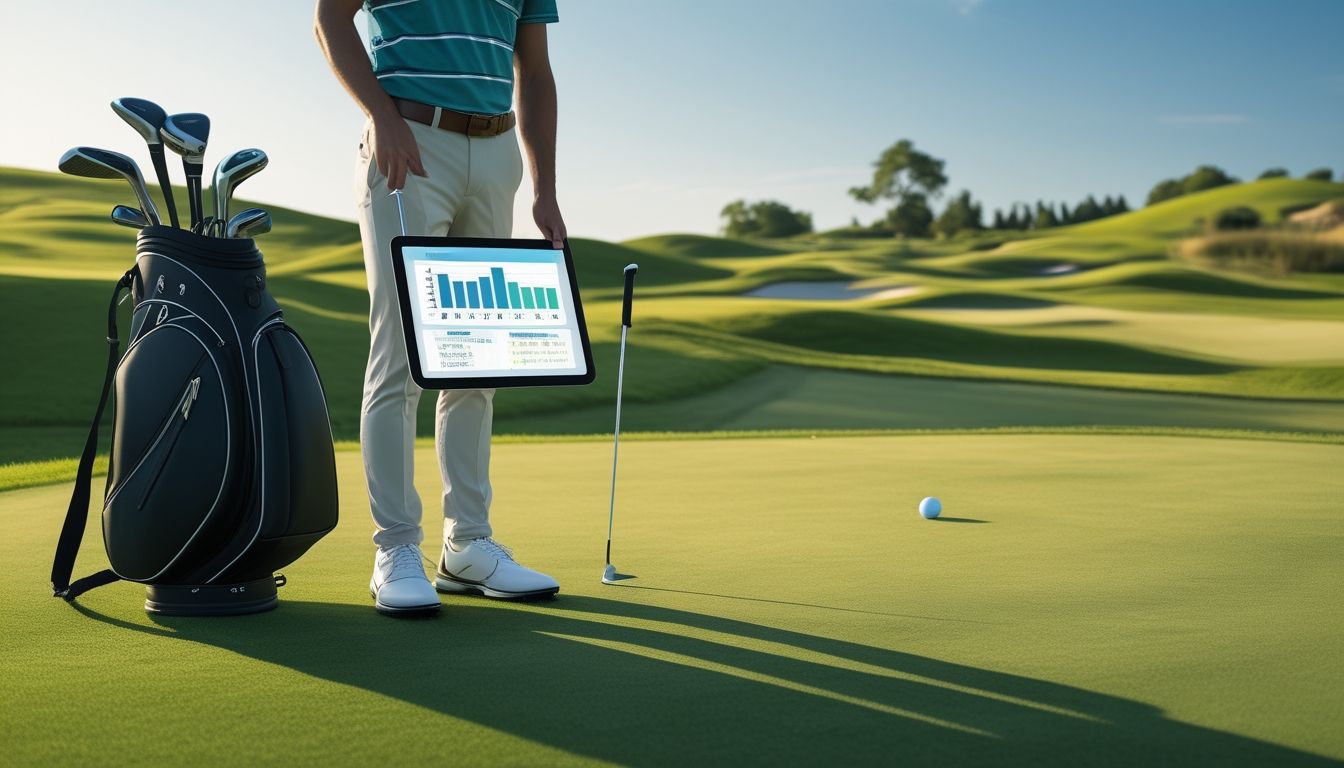 Seorang pemain golf sedang melihat tablet dengan grafik statistik di lapangan golf yang hijau dan cerah.