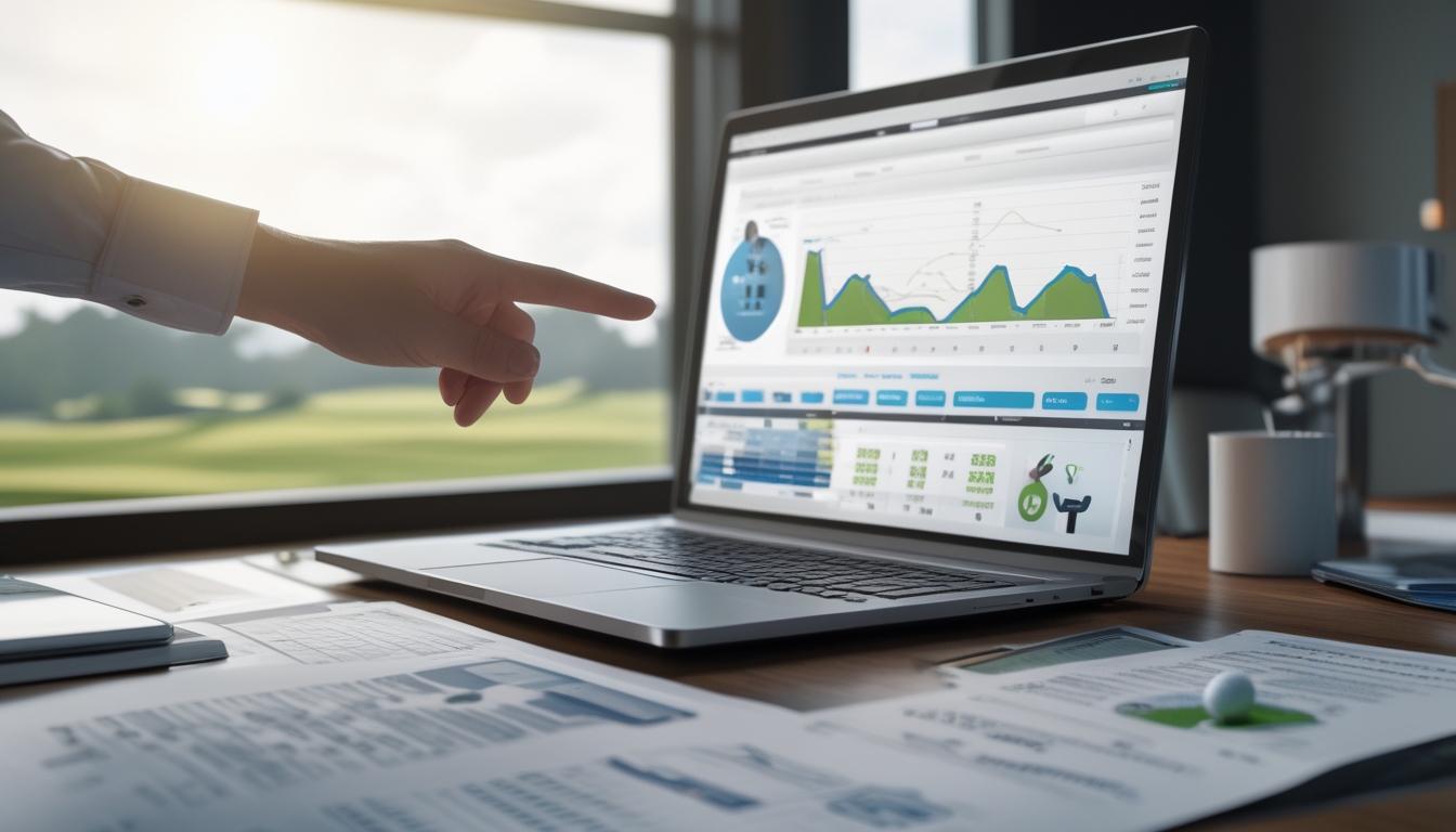 Meja kerja dengan laptop yang menampilkan grafik statistik golf, tangan menunjuk layar, dan latar belakang lapangan golf terlihat melalui jendela.