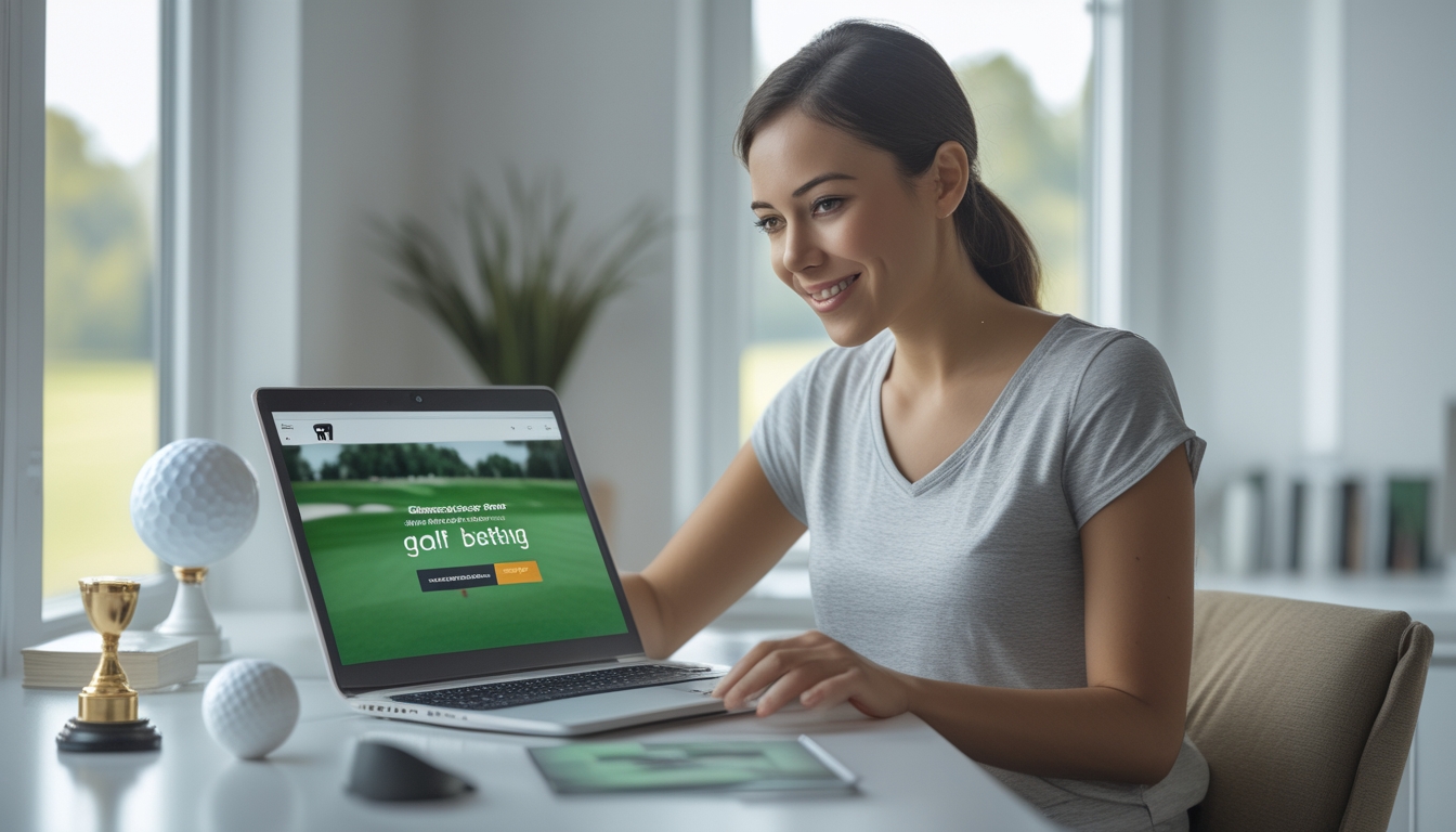 Seorang wanita muda duduk di meja dengan laptop, fokus bermain taruhan golf online dengan pemandangan lapangan golf di layar.