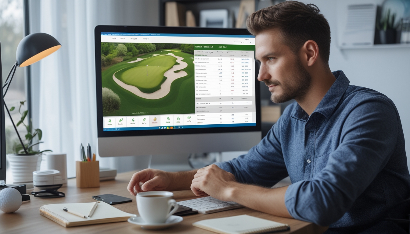 Seorang pria fokus melihat layar komputer dengan latar golf, memegang stik golf di ruang kerja modern.