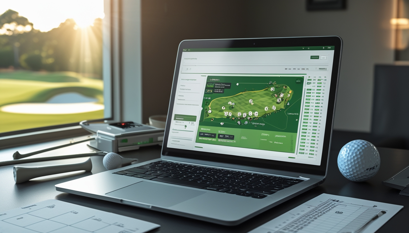 Seorang pria di depan laptop dengan peta lapangan golf dan alat golf di meja, latar belakang lapangan golf hijau terlihat melalui jendela.