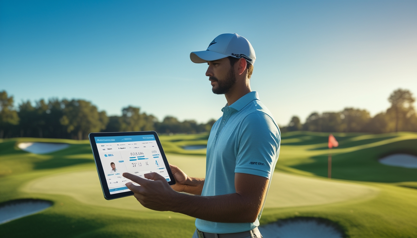 Seorang pegolf sedang menganalisis lapangan golf dengan tablet digital di tangan di sebuah lapangan golf hijau yang luas.
