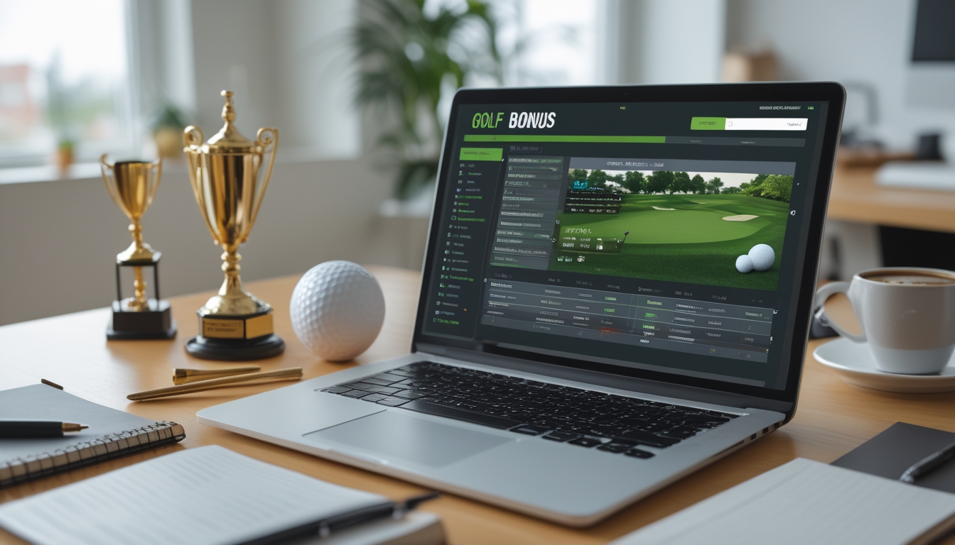 Meja kerja modern dengan laptop yang menampilkan situs taruhan golf online, bola golf, trofi kecil, dan alat tulis di sekitarnya.
