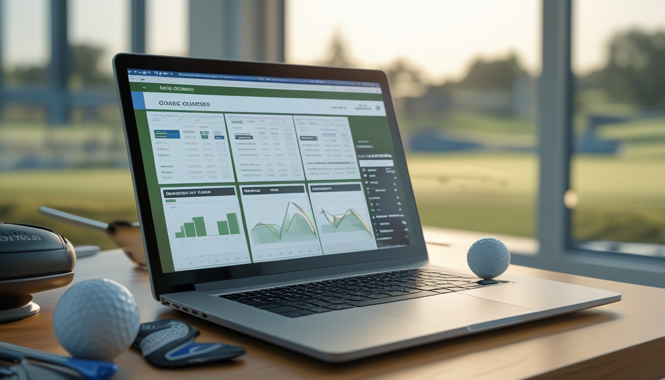 Meja kerja dengan laptop yang menampilkan situs taruhan golf online, dikelilingi bola golf, tee, dan sarung tangan golf, dengan latar belakang pemandangan lapangan golf.