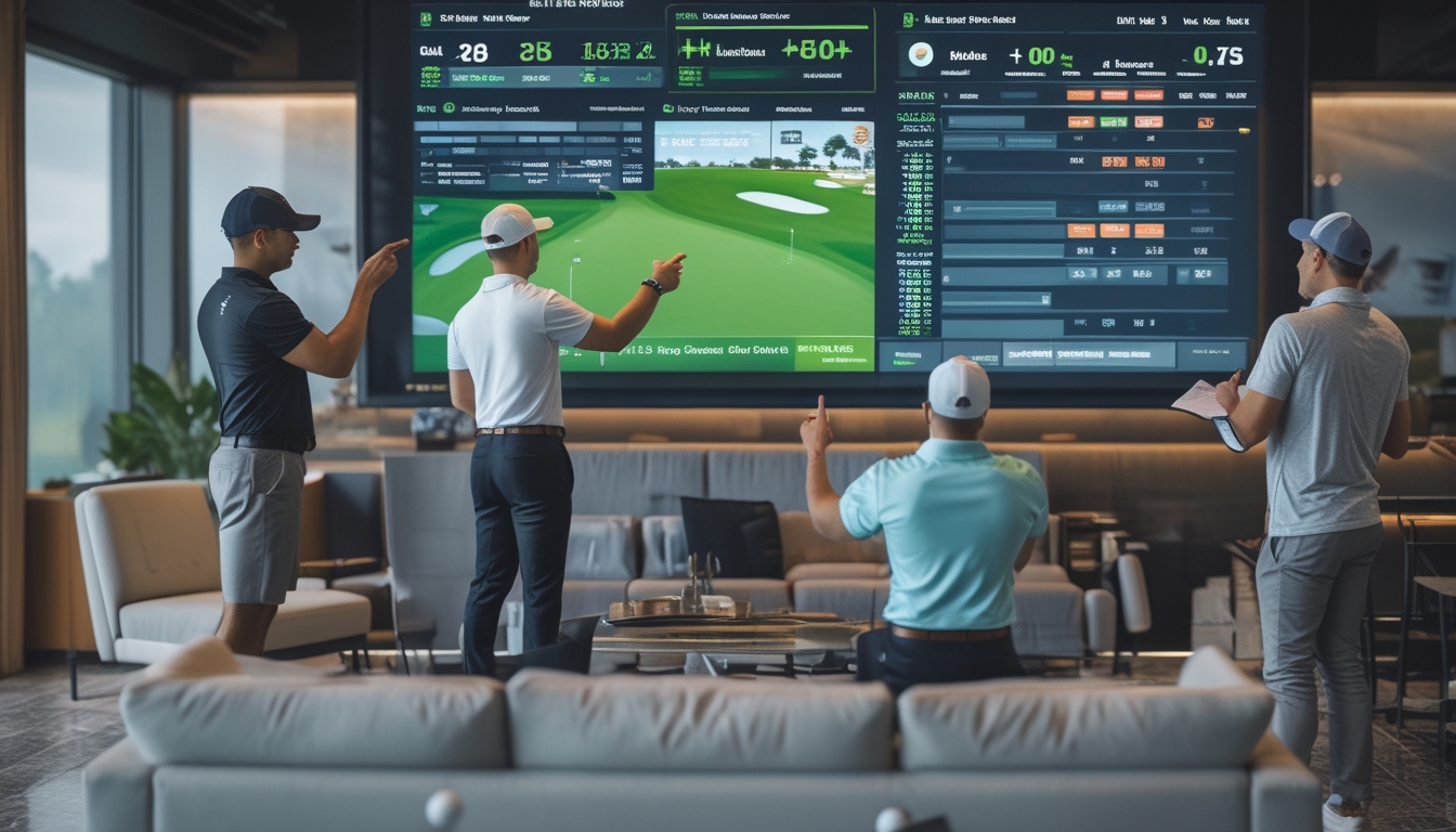 Sekelompok orang sedang berdiskusi strategi taruhan golf secara langsung di ruang olahraga modern dengan layar digital yang menampilkan statistik pertandingan golf.