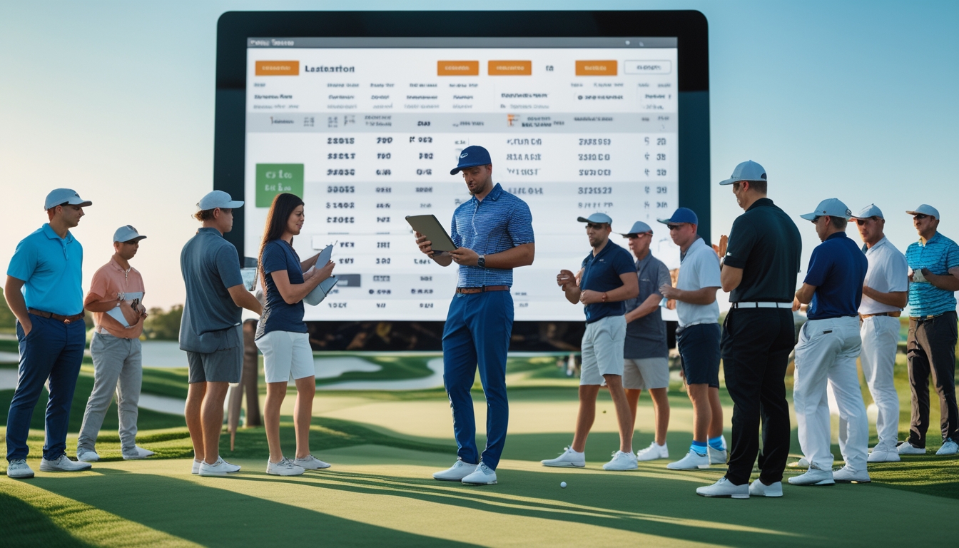 Sekelompok orang di lapangan golf yang sedang memperhatikan pertandingan dan menggunakan perangkat elektronik untuk menganalisis data taruhan secara langsung.