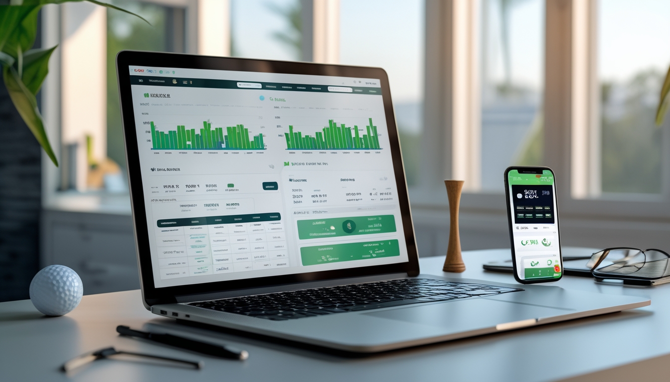 Sebuah meja kerja dengan laptop yang menampilkan statistik pemain golf dan ponsel dengan aplikasi taruhan golf online, dikelilingi oleh bola golf dan alat golf lainnya.
