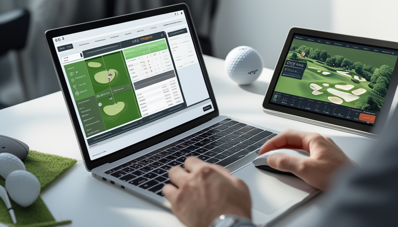 Sebuah meja kerja dengan laptop dan tablet yang menampilkan statistik pemain golf dan grafik, dengan tangan seseorang menggunakan mouse di samping perlengkapan golf.