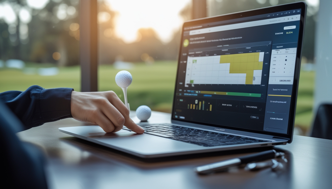 Seseorang menggunakan laptop di meja dengan bola golf dan grafik analisis taruhan golf di layar, di latar belakang terlihat lapangan golf.