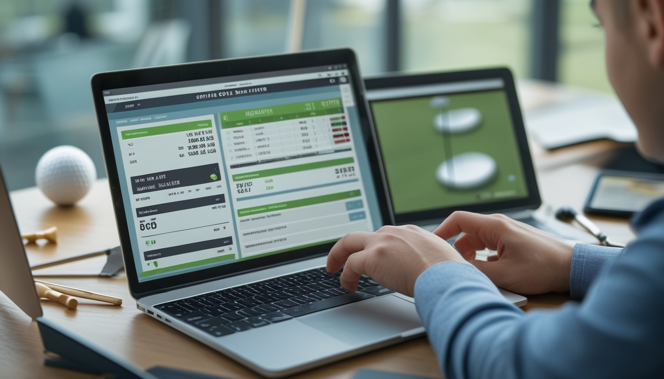 Seseorang menggunakan laptop dan tablet di meja dengan bola golf dan stik golf, sedang menganalisis data taruhan golf online.