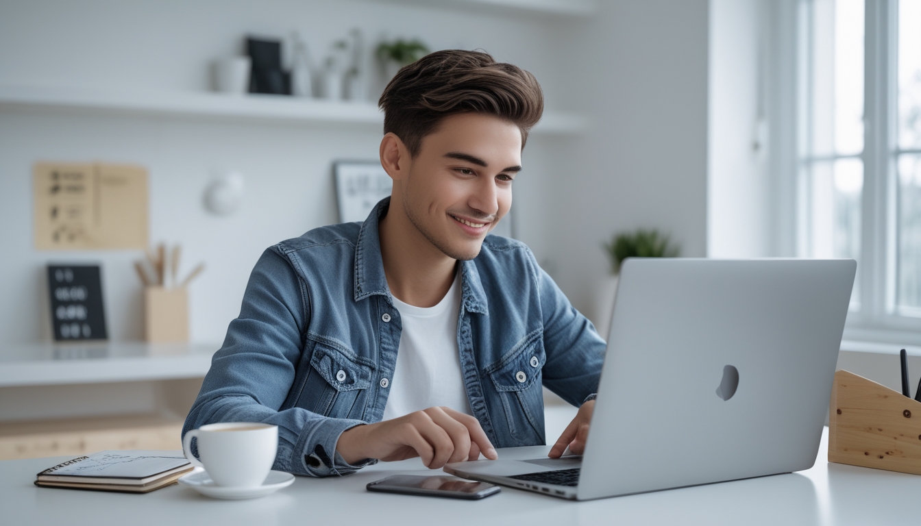 Seorang dewasa muda duduk di meja dengan laptop, fokus bermain permainan slot online di ruangan terang dan rapi.