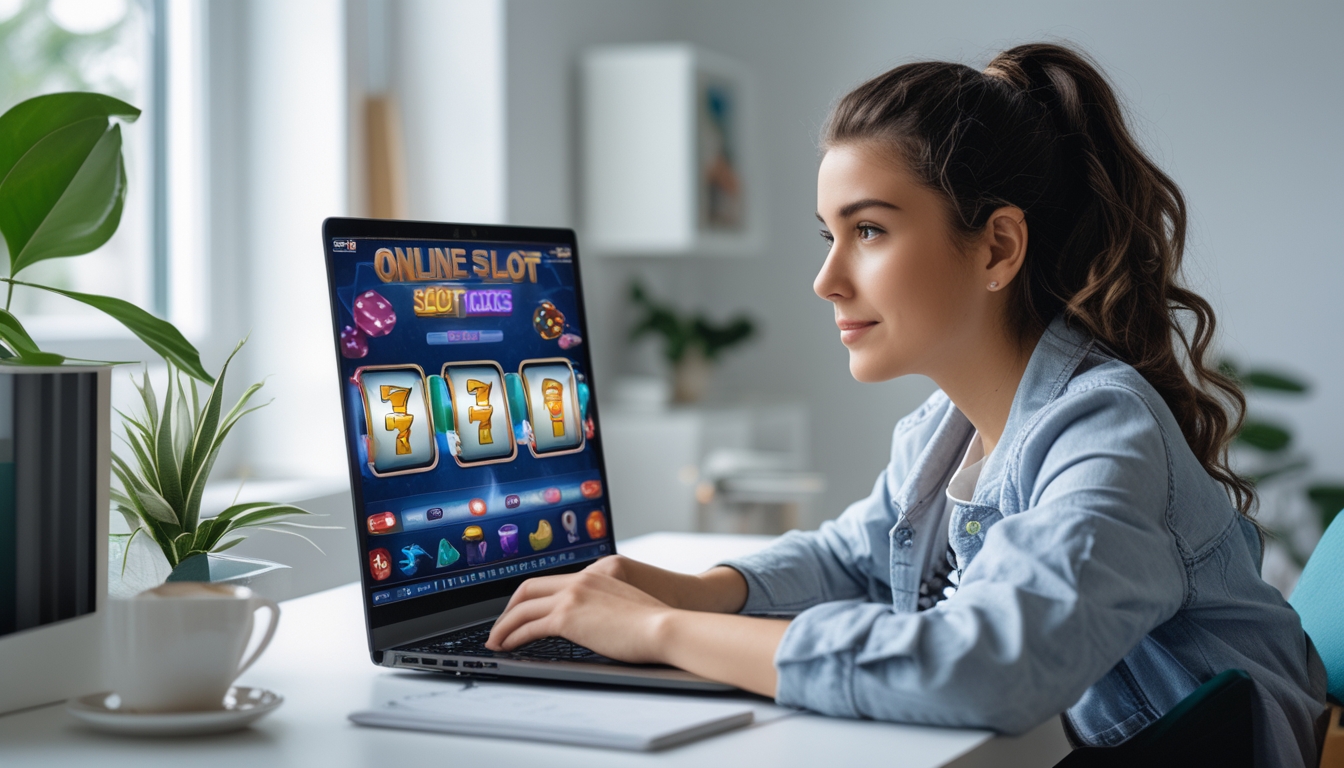 Seorang dewasa muda duduk di depan laptop di ruang kerja rumah yang terang, fokus bermain permainan slot online dengan suasana yang tenang dan produktif.