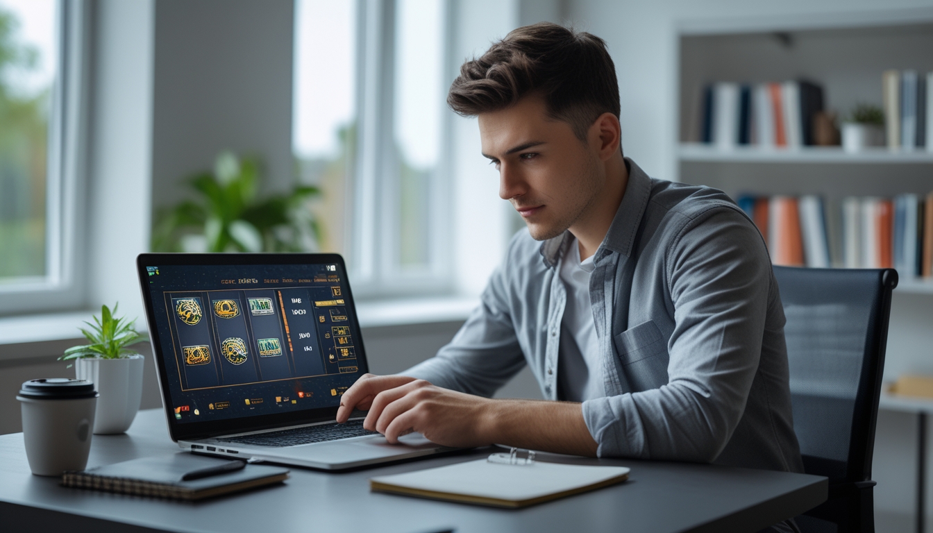 Seorang pria muda duduk di meja dengan laptop, fokus menganalisis data terkait permainan slot online.