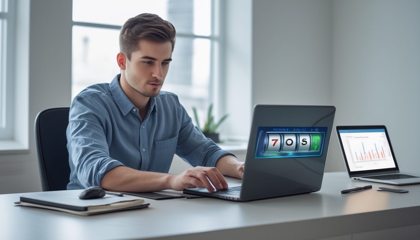 Seorang pria muda duduk di meja modern sambil bermain permainan slot online di laptop dengan suasana tenang dan fokus.