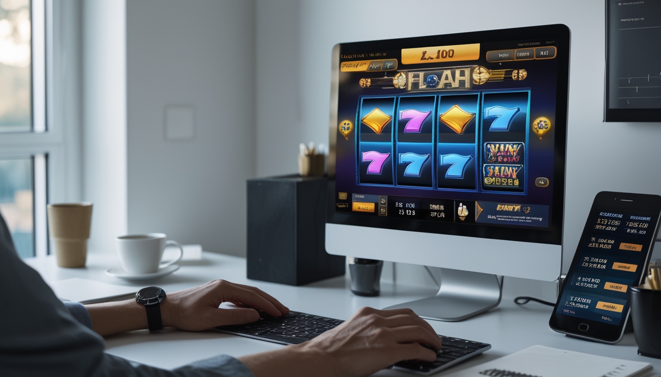 Seorang individu sedang bermain permainan slot online di komputer dengan meja kerja yang rapi dan beberapa alat bantu seperti catatan dan ponsel di sekitarnya.