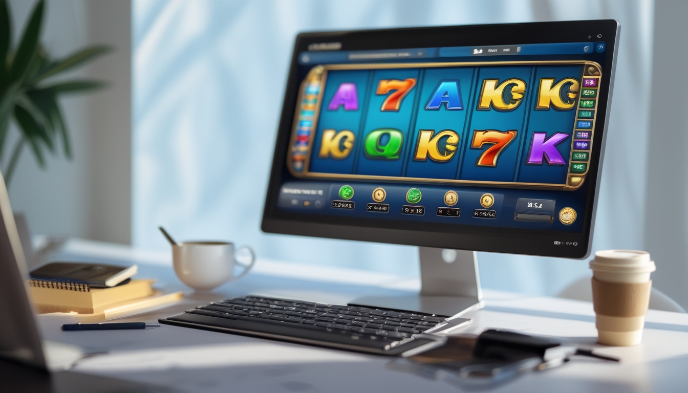 Seorang pengguna sedang bermain slot online di komputer dengan catatan dan secangkir kopi di meja kerja.