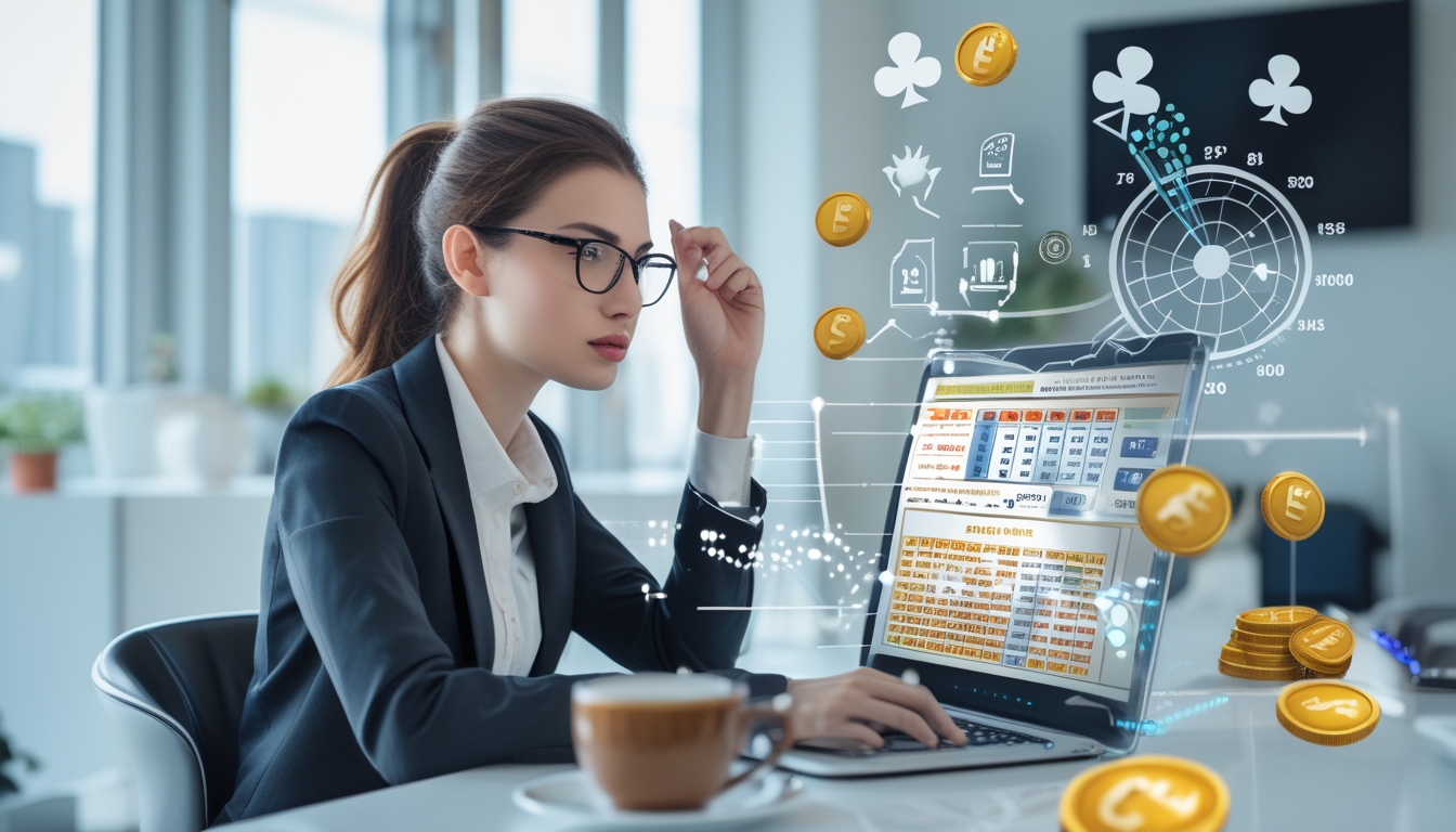 Seorang wanita muda duduk di meja kerja dengan laptop, fokus menganalisis data terkait permainan slot online, di ruang kantor yang terang dan modern.