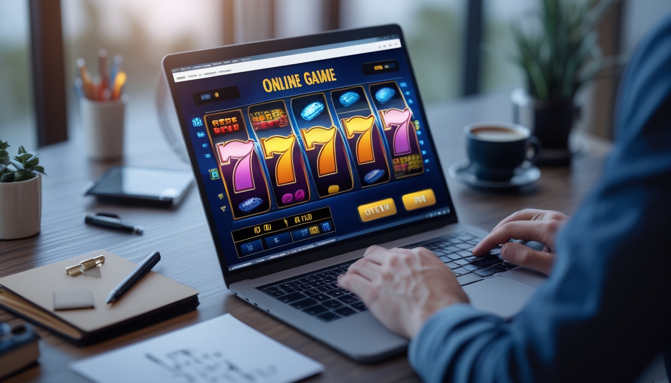 Seseorang menggunakan laptop dengan tampilan permainan slot online di meja kerja yang rapi, dikelilingi catatan dan alat tulis.