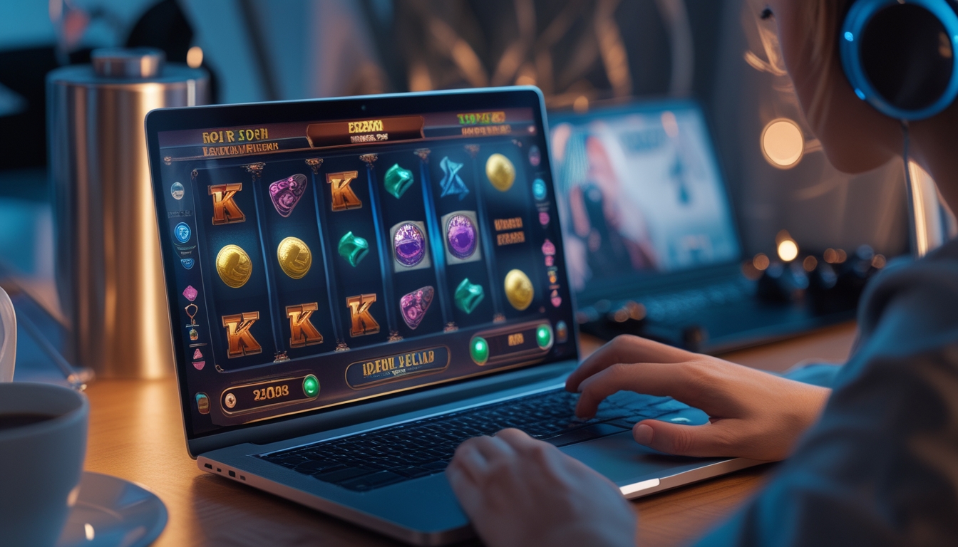Seorang pemain sedang menggunakan laptop dengan permainan slot online terbuka di layar di sebuah ruang kerja yang nyaman.