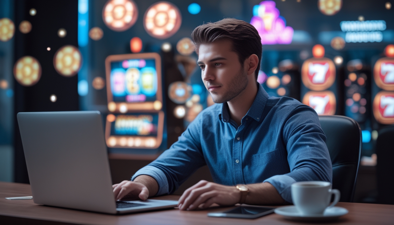 Seorang pria muda duduk di meja dengan laptop, bermain permainan slot online dengan ekspresi fokus dan percaya diri.