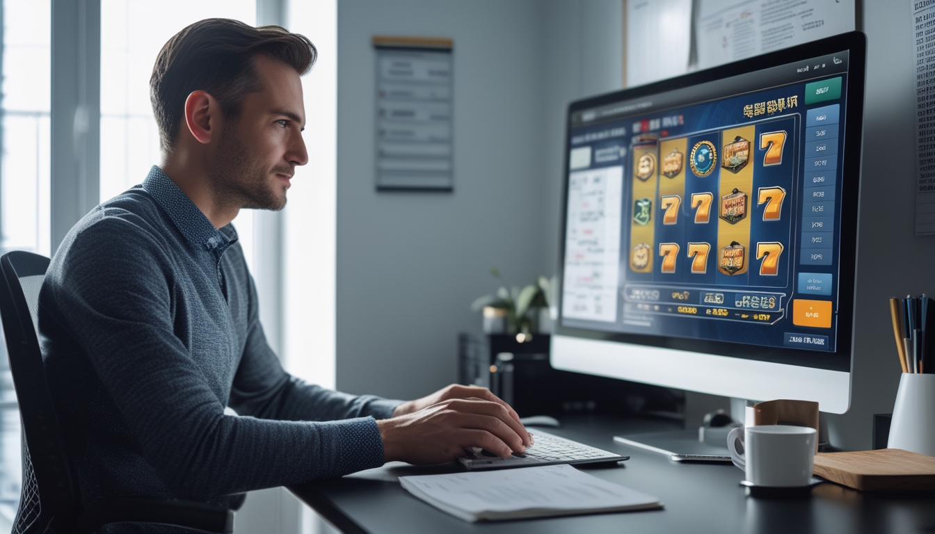 Seorang pria duduk di meja kerja modern sambil fokus bermain permainan slot online di komputer.