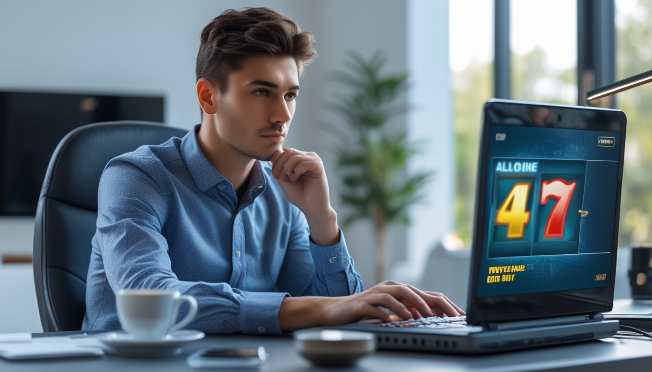 Seorang pria muda duduk di meja dengan laptop, fokus bermain permainan slot online di ruang kerja yang terang dan rapi.