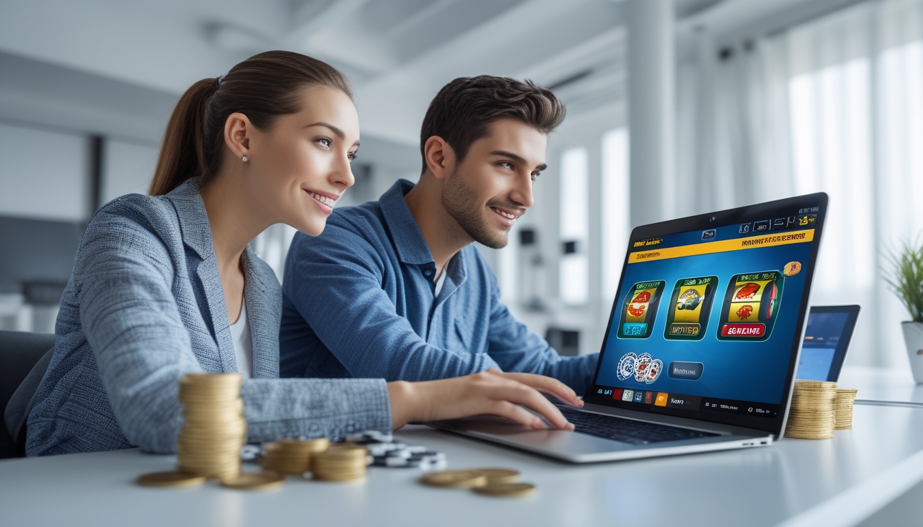 Seorang pria dan wanita muda duduk di depan laptop, fokus bermain permainan slot online dengan ekspresi serius dan optimis.