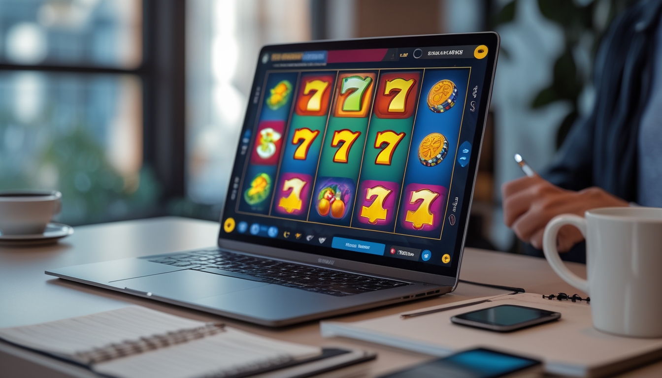 Meja kerja dengan laptop menampilkan permainan slot online, buku catatan dengan tulisan tangan, pena, kopi, dan ponsel di suasana ruang kerja yang nyaman.