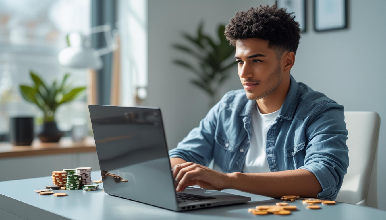 Seseorang duduk di meja dengan laptop, bermain permainan slot online dengan suasana yang fokus dan tenang.