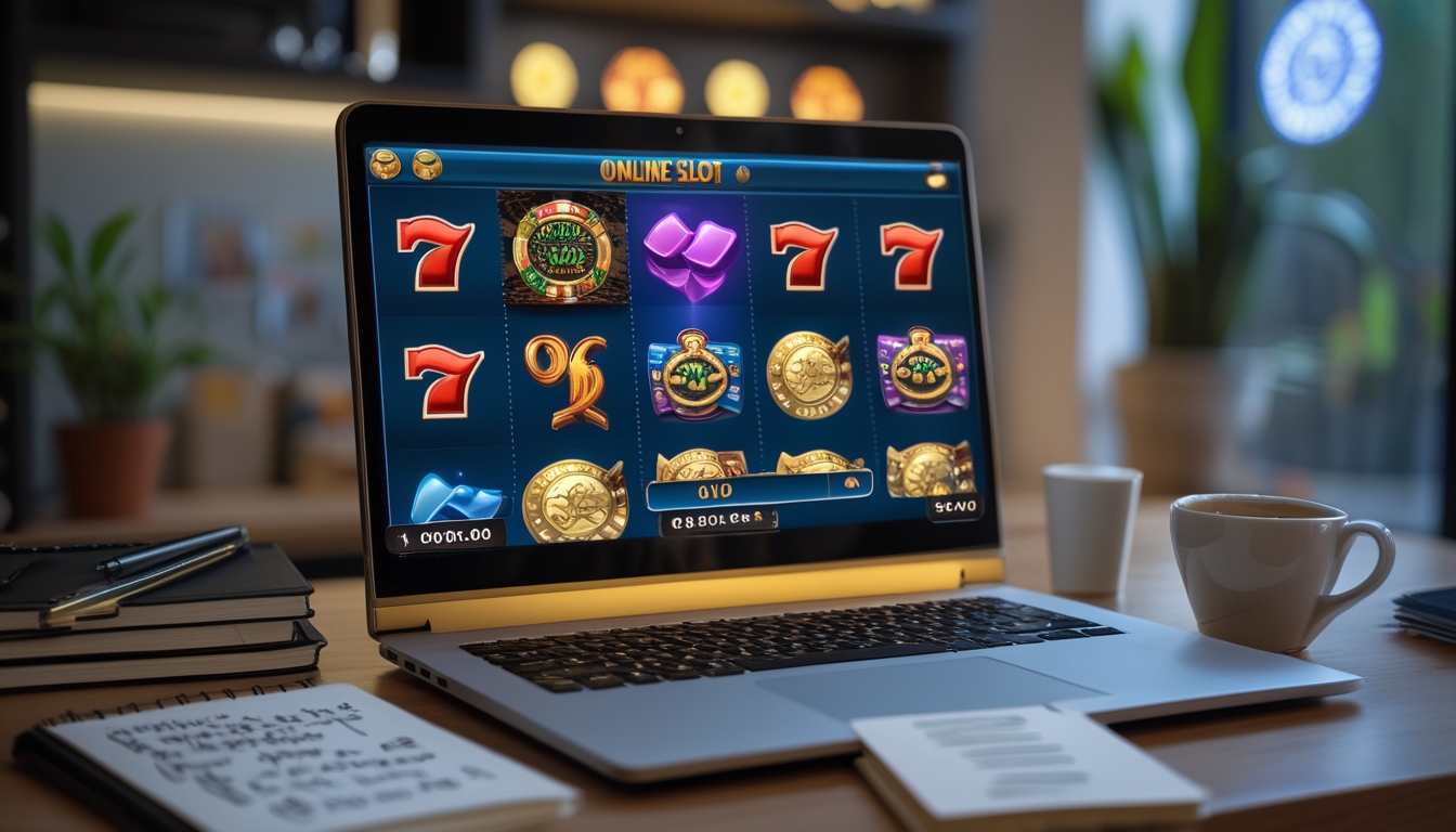 Meja kerja dengan laptop yang menampilkan permainan slot online, notebook, pena, dan secangkir kopi.