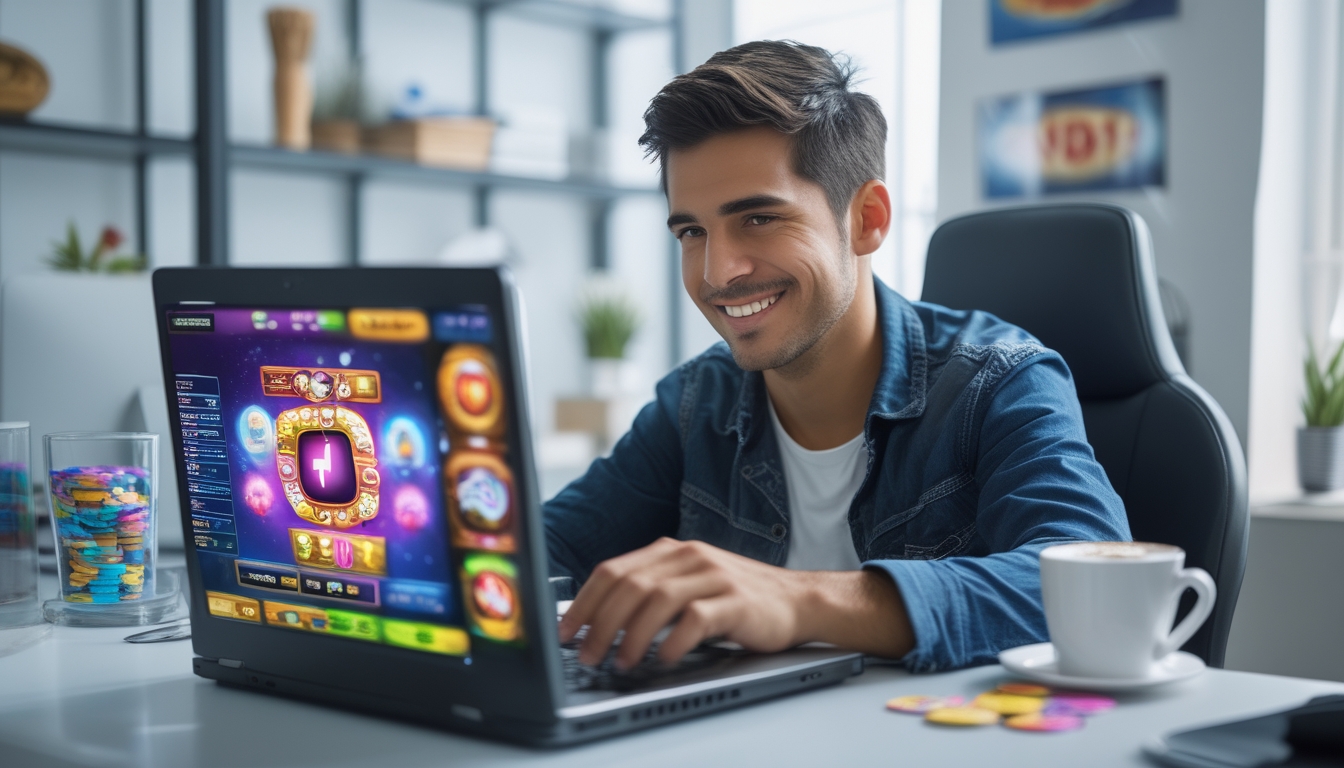 Seorang pria muda duduk di meja dengan laptop yang menampilkan permainan slot online, terlihat fokus dan percaya diri di ruang kerja yang rapi.
