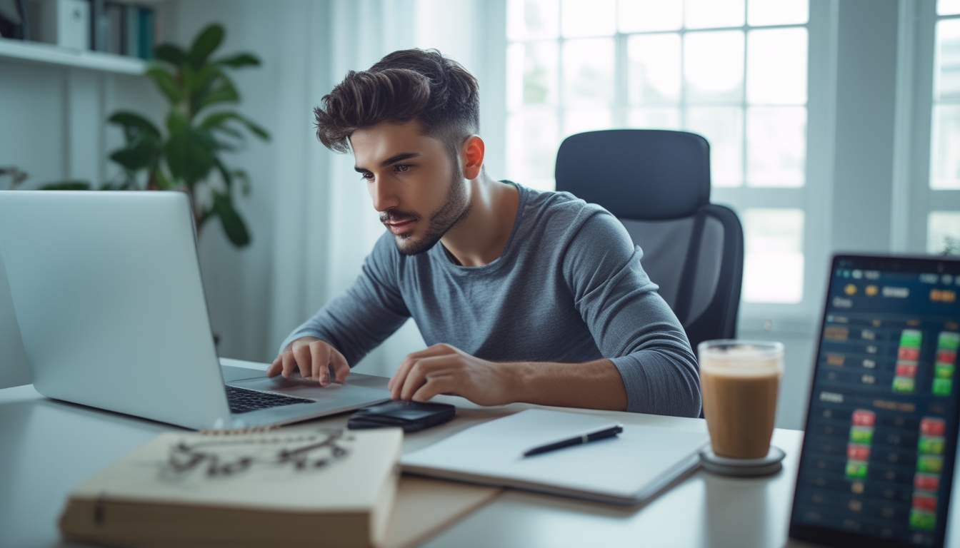 Seorang pria muda sedang duduk di depan laptop, fokus bermain permainan slot online dengan meja kerja yang rapi dan alat tulis di sampingnya.