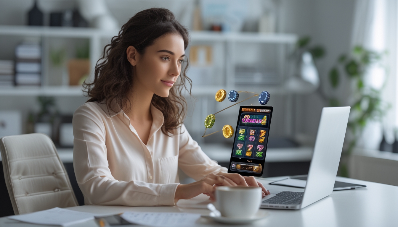Seorang wanita muda duduk di meja kerja dengan laptop yang menampilkan permainan slot online, terlihat fokus dan percaya diri.