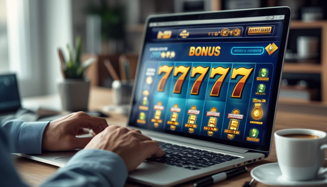 Seseorang sedang menggunakan laptop yang menampilkan permainan slot online dengan fitur bonus di lingkungan kantor rumah yang nyaman.