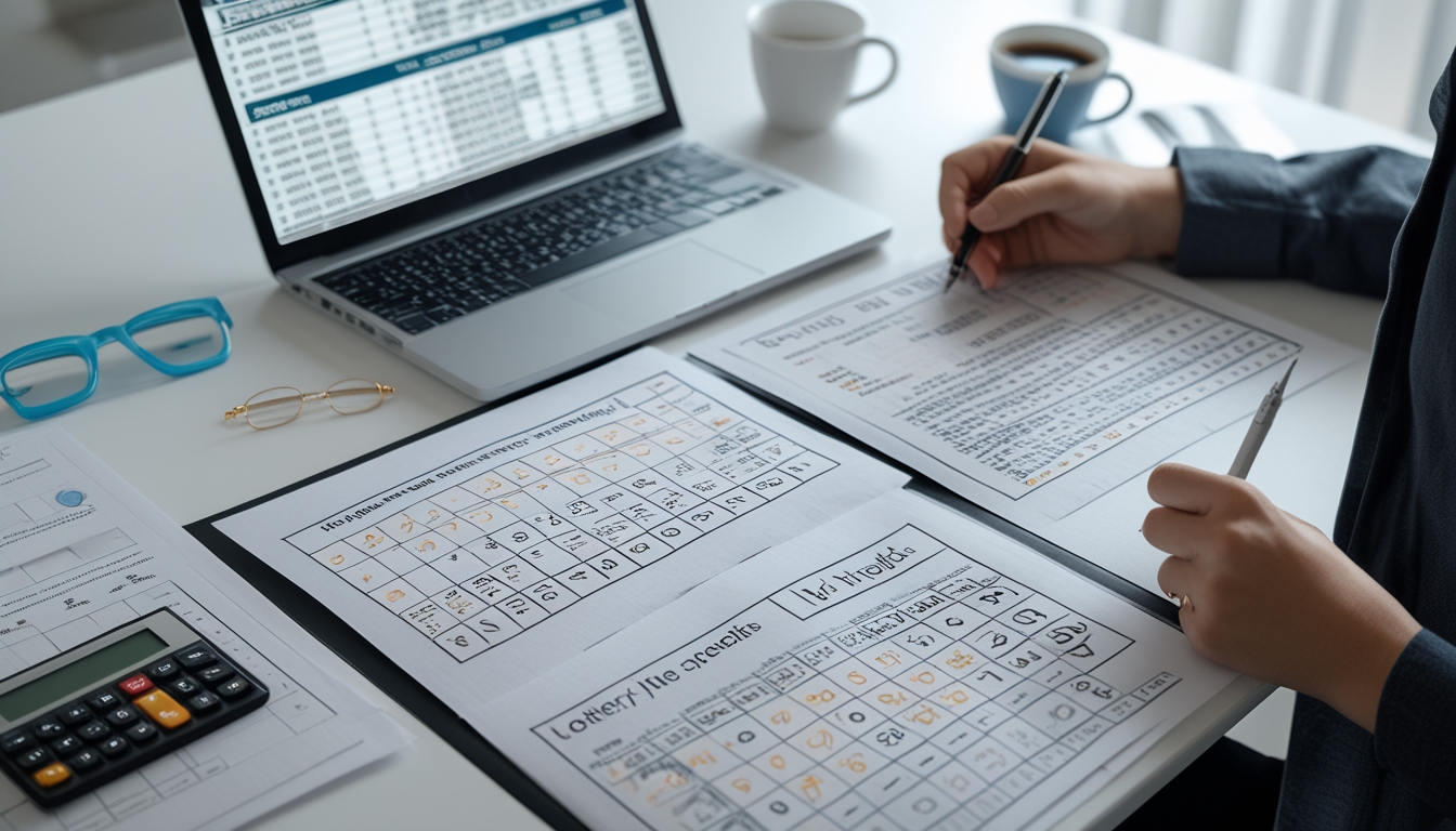Meja kerja dengan kertas berisi tabel angka togel 4D, 3D, dan 2D, laptop menampilkan hasil togel mingguan dan bulanan, serta tangan seseorang yang sedang menulis.