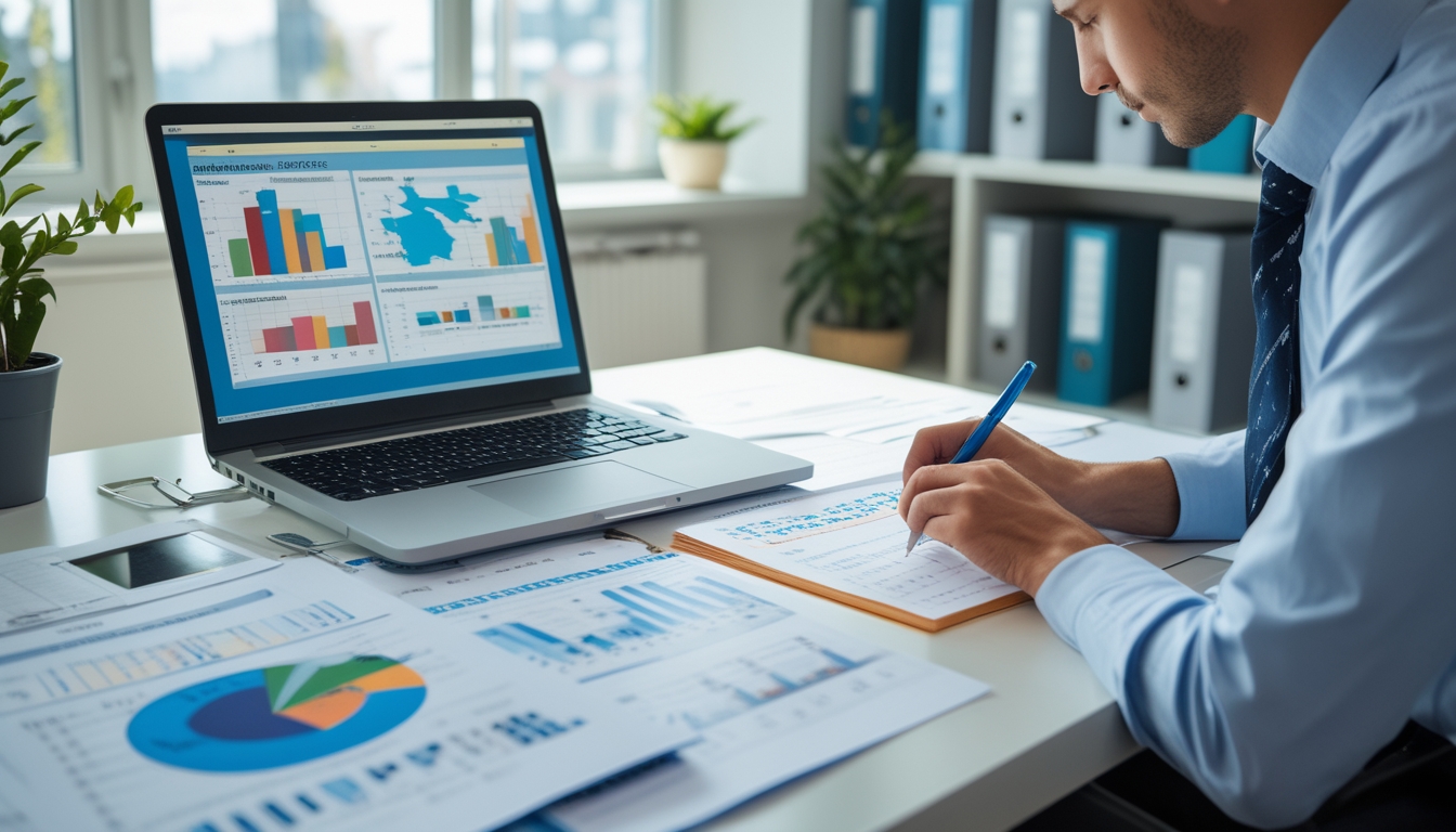 Seorang profesional sedang bekerja di meja kantor dengan laptop dan dokumen data tertata rapi, fokus pada analisis dan pencatatan hasil togel.