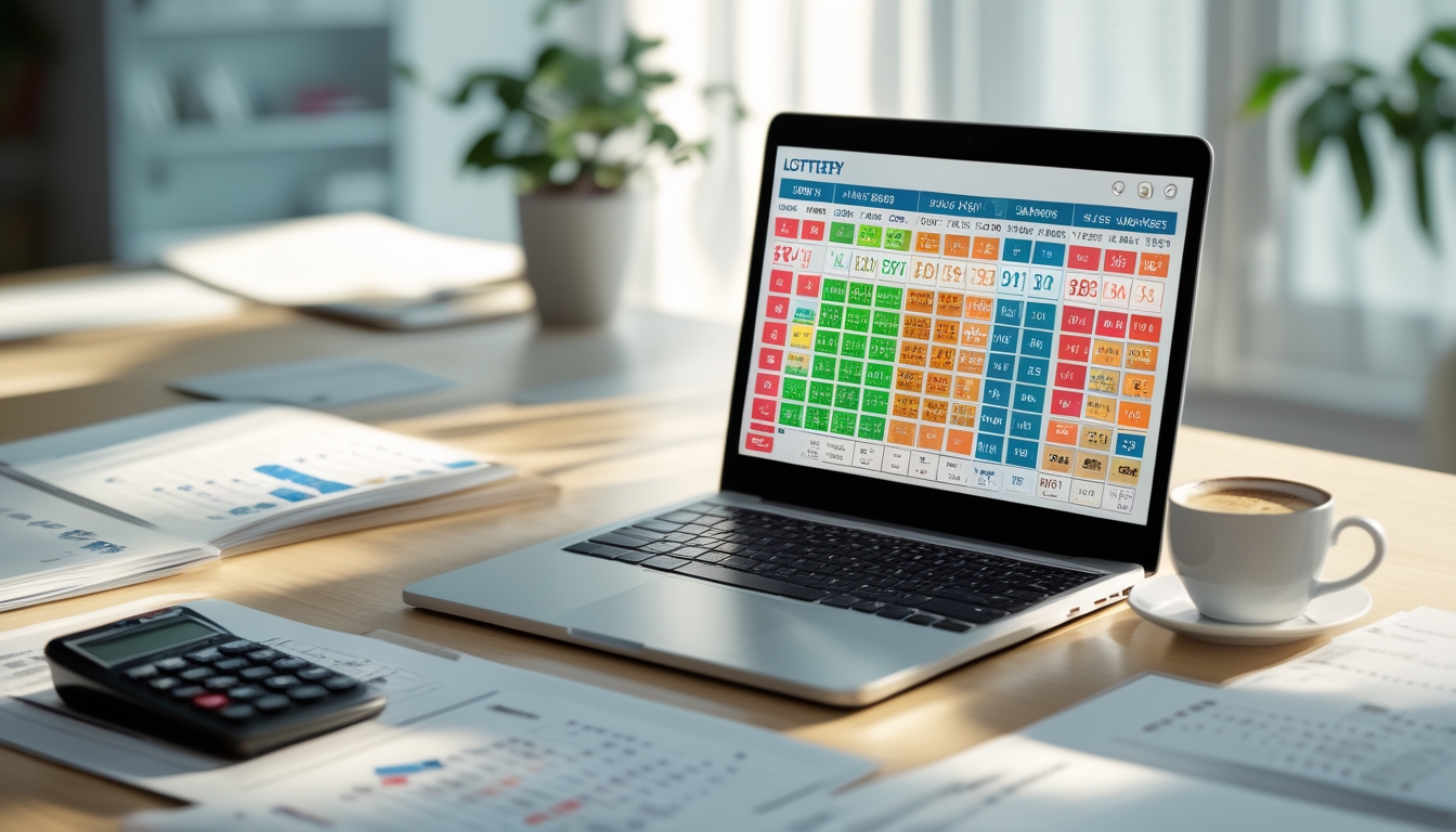 Meja kerja dengan laptop yang menampilkan grafik dan tabel hasil togel mingguan dan bulanan, dokumen teratur, kalkulator, dan secangkir kopi.